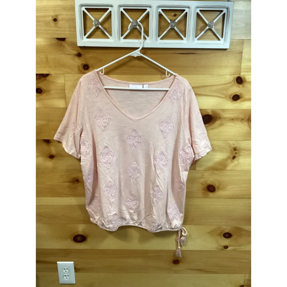 Belle Kim Gravel Womens Peach Pink Eyelet V-Neck Tassel Drawstring Top Size L